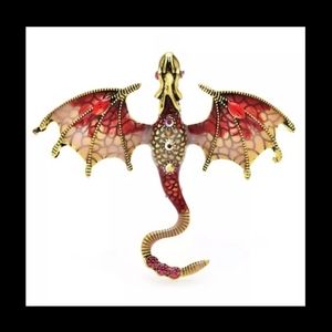 Silver titanium flames red enamel and crystal dragon goth brooch new